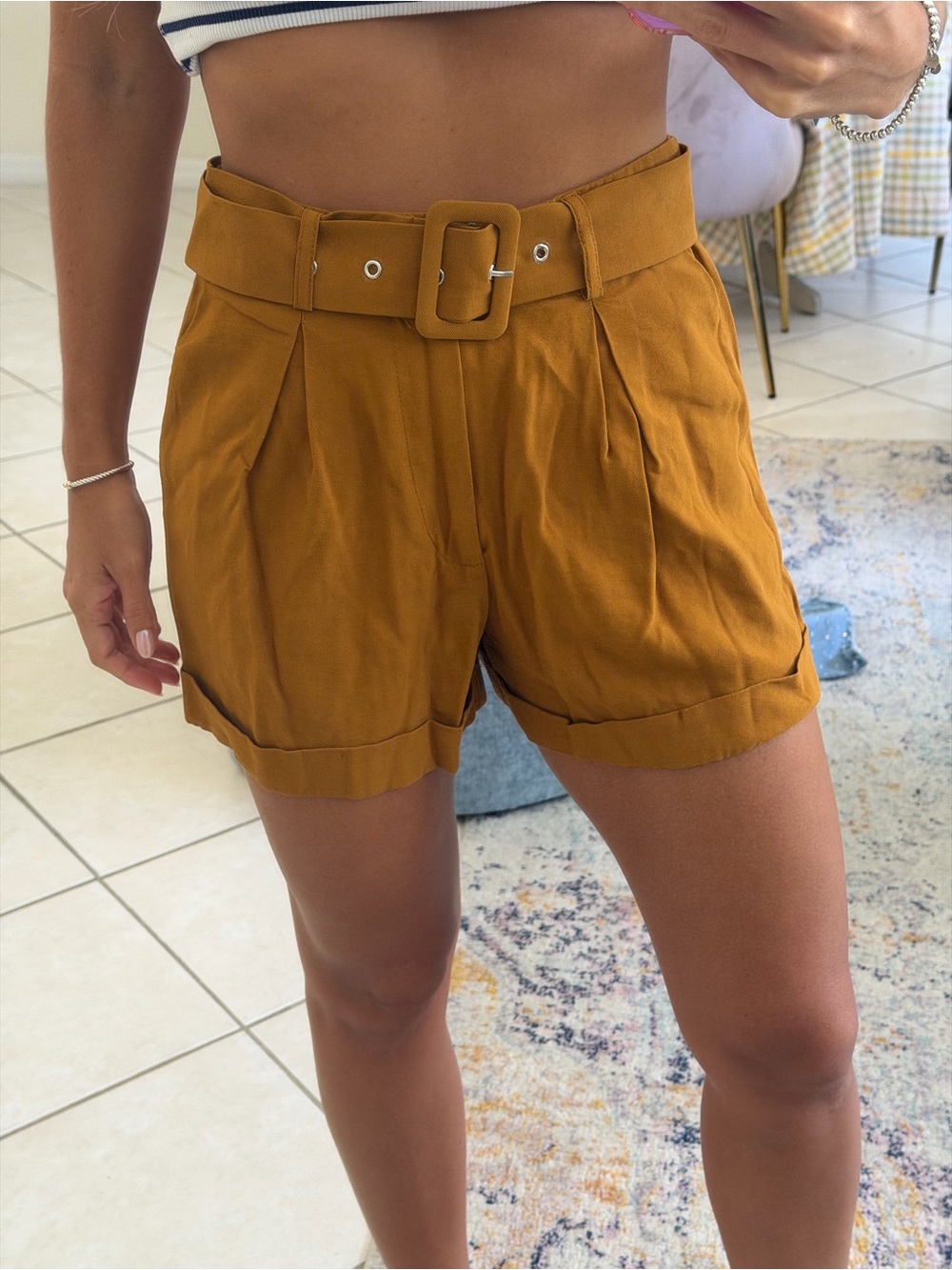 High-Waist Belted Mustard Women’s Shorts